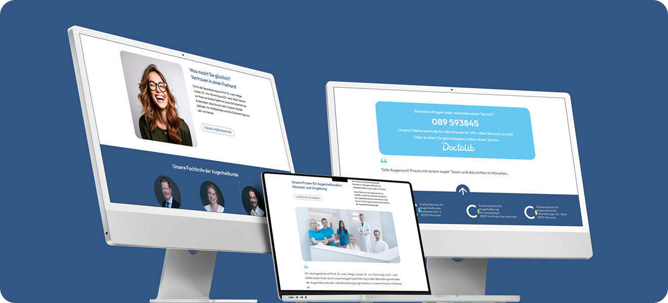 Drei Bildschirme mit der neuen Webseite